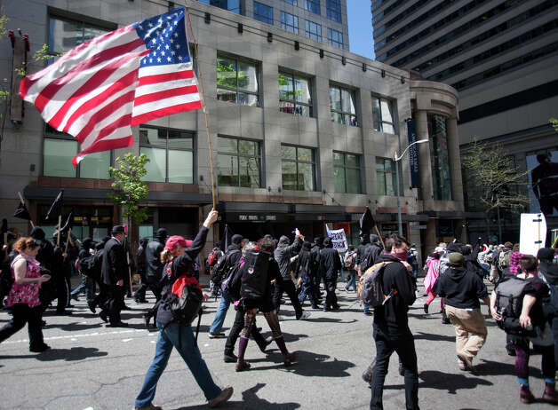 Protesters fill the streets of downtown Seattle for a May Day march on Tuesday, May 1, 2012. 