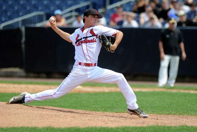 Greenwich's Dylan Callahan pitches during Saturday's FCIAC baseball championship game at the Ballpark at Harbor Yard in Bridgeport on May 26, 2012. Photo: Lindsay Niegelberg / Stamford Advocate