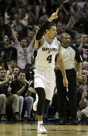 San Antonio Spurs' Danny Green (4) reacts after hitting a three point basket during the first half of game two of the NBA Western Conference Finals in San Antonio, Texas on Tuesday, May 29, 2012. Kin Man Hui/Express-News (Kin Man Hui / San Antonio Express-News) / SA