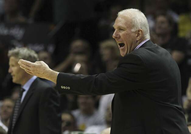 San Antonio Spurs coach Gregg Popovich gestures during the first half of game two of the NBA Western Conference Finals in San Antonio, Texas on Tuesday, May 29, 2012. Kin Man Hui/Express-News (Kin Man Hui / San Antonio Express-News) / SA