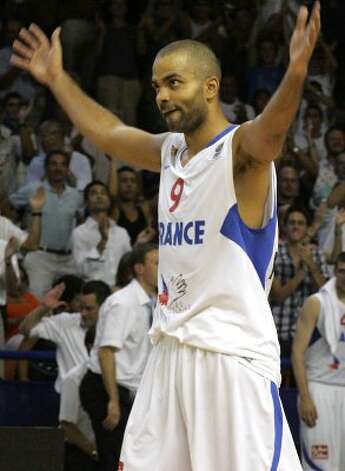 France's Tony Parker reacts during their Euro 2009 basketball qualifying round against Belgium, in Pau, southwestern France, Sunday, Aug. 30, 2009. France won 92 to 54 to qualify. (Fred Scheiber / Associated Press) / SA