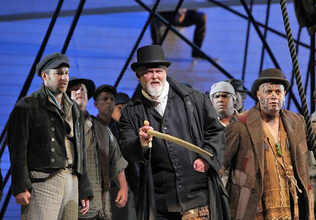 Stephen Costello (left) is Greenhorn, Jay Hunter Morris is Ahab and Jonathan Lemalu is Queequeg in expressive "Moby-Dick." Photo: Cory Weaver, SF Opera / SF