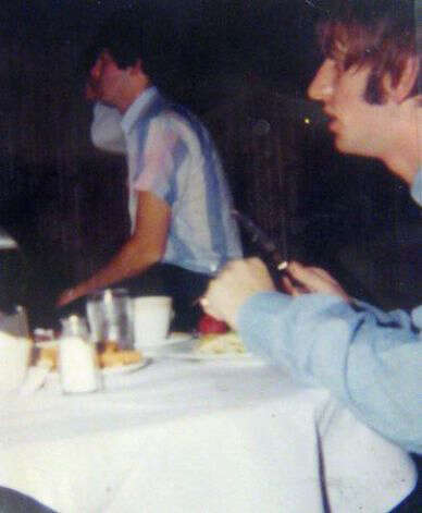 From left, Paul McCartney and Ringo Starr have a meal at the Edgewater Hotel. The dishes The Beatles used during their last breakfast at the hotel were given to daughters of hotel manager Don Wright. (Photo courtesy Ann Wright)