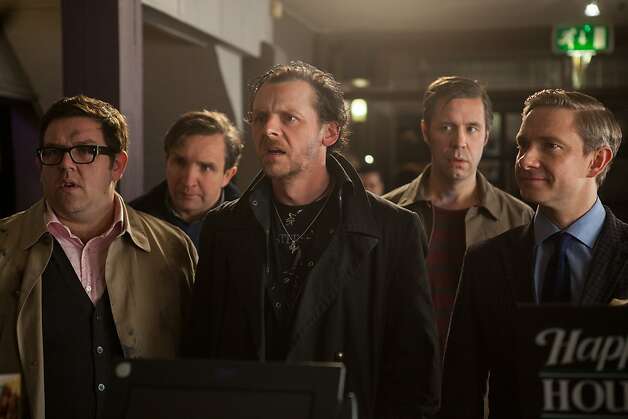 Nick Frost (left), Eddie Marsan, Simon Pegg, Paddy Considine and Martin Freeman play old friends on a drinking binge in "The World's End." Photo:  Laurie Sparham, Focus Features