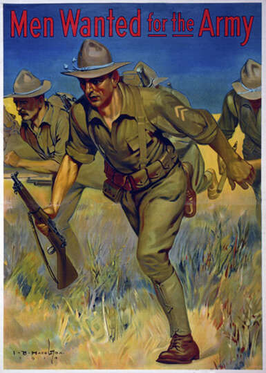 This American recruitment poster shows soldiers with guns running in a field.