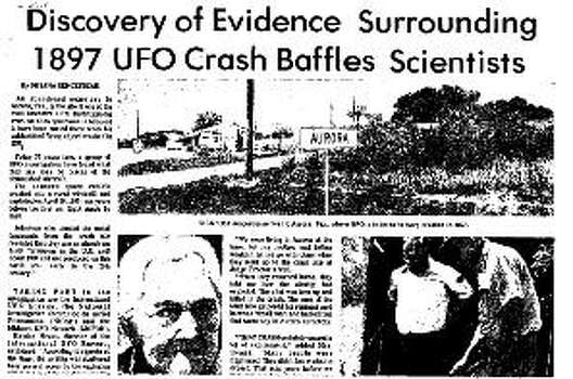 A newspaper clipping from a neighboring city covers the 1897 Aurora, Texas UFO incident.