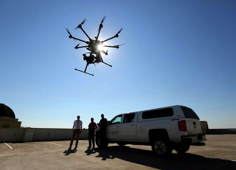 One of Midstream Integrity's octocopters is seen during a demonstration flight Wednesday. Midstream Integrity is an FAA-approved drone service provider specializing in the oil and gas industry services. Photo: William Luther /San Antonio Express-News / © 2015 San Antonio Express-News