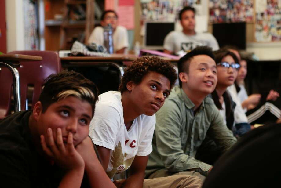 From left, Alejandro Atilano Cornejo, Chris Saniere and Austin Wong from Ali Mayer's 9-12 grade Health Education class at Abraham Lincoln High School watch a video about Hands Only CPR on Monday, Oct. 5, 2015 in San Francisco, Calif. Photo: Nathaniel Y. Downes, The Chronicle