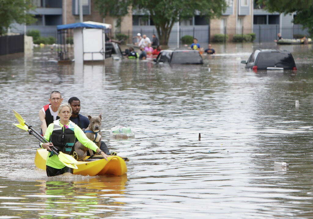 People evacuate from Arbor Court Apartments in the Greenspoint area Monday, April 18, 2016, in Houston. Photo: Melissa Phillip, Houston Chronicle / © 2016 Houston Chronicle