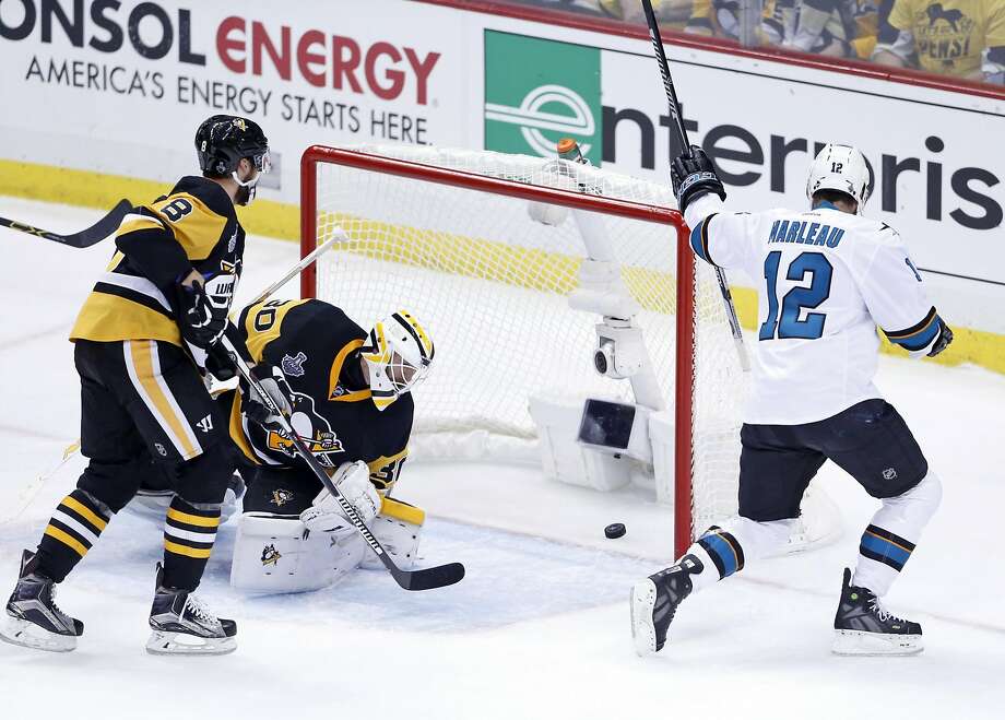 The Sharks’ Patrick Marleau celebrates Melker Karlsson’s goal against the Penguins' Matt Murray in 1st period during Game 5 of the Stanley Cup Finals.. Photo: Scott Strazzante, The Chronicle
