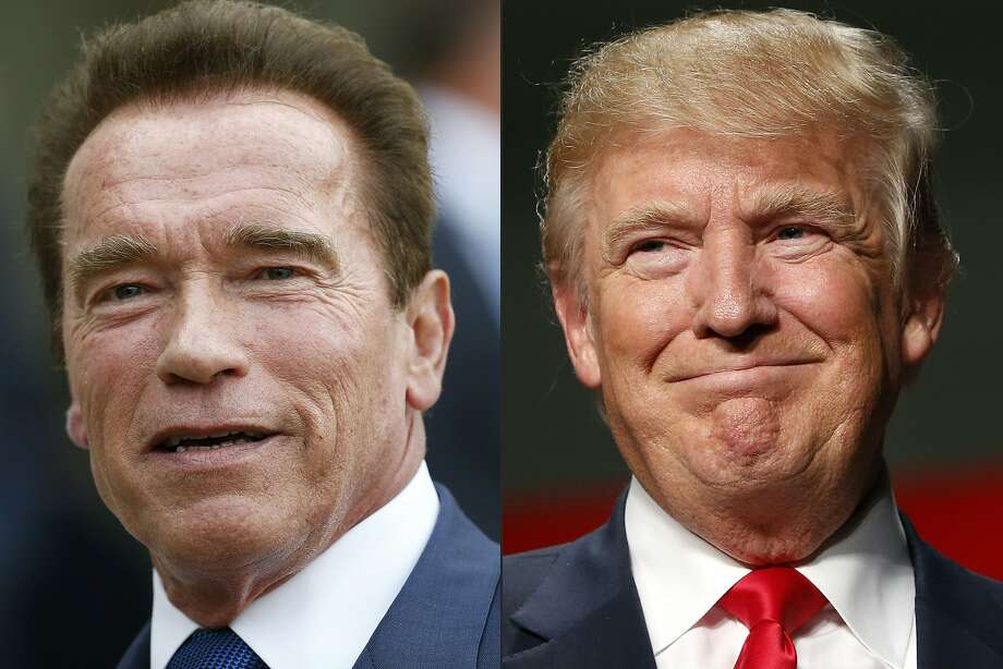 This combination of pictures created on January 06, 2017 shows recent pictures of  US actor and former governor of California Arnold Schwarzenegger (L) and US President Elect Donald Trump. As Donald Trump readies to move into the Oval Office, Arnold Schwarzenegger has steppedas host of the reality show "Celebrity Apprentice". In a pair of early morning tweets Friday, Trump ripped into the "Terminator" actor-turned-politician, mocking the viewer figures for the season premiere this week -- and calling himself a "ratings machine" by comparison. Schwarzenegger, 69, tweeted back at Trump: "I wish you the best of luck and I hope you'll work for ALL of the American people as aggressively as you worked for your ratings." Photo: THOMAS SAMSON, AFP/Getty Images
