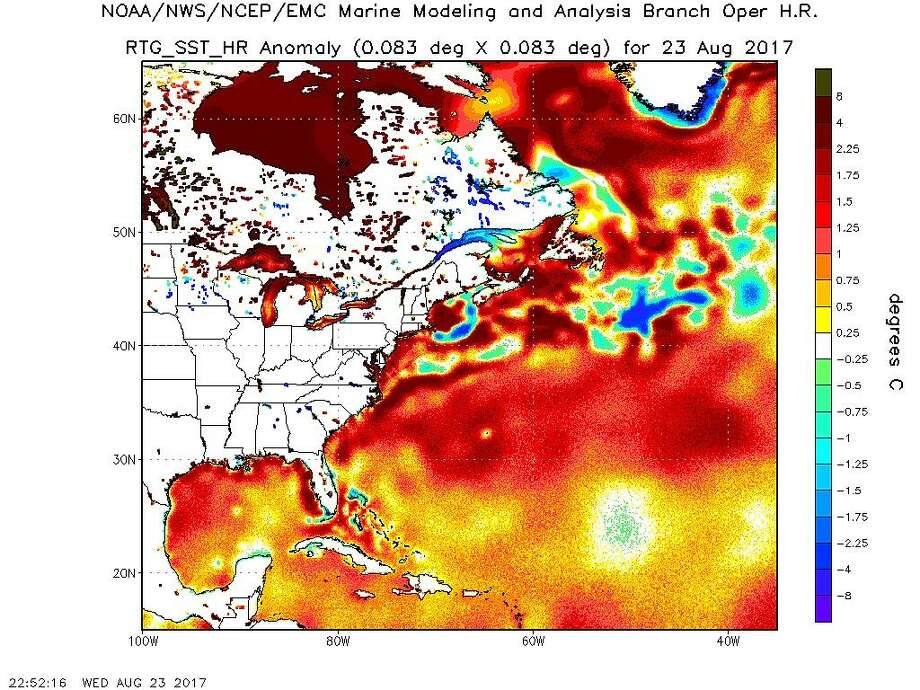 A National Oceanic and Atmospheric Administration map for Wednesday shows sea surface temperatures of 1.8 to 3.15 degrees Fahrenheit above normal. Photo: National Oceanic And Atmospheric Administration