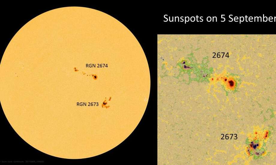 Two large sunspot groups visible on the disk of the sun Sept. 5, 2017.  Photo: NOAA SPACE WEATHER PREDICTION CENTER