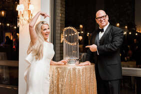 Left: Michelle Brown, Kevin Davis﻿ and Sean Neef﻿ with the World Series trophy at﻿ Revival Market. Center: The trophy was at Kaitlyn and Stewart Skloss﻿' wedding﻿. ﻿Right: The Astros' George Springer ﻿holds the ﻿trophy ﻿beside former President George H.W. Bush ﻿at a Texans﻿ game.