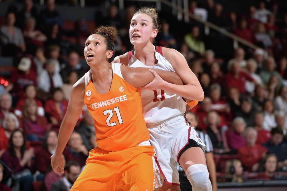 Mercedes Russell of Tennessee boxes out Stanford Forward Alana Smith during an NCAA women's basketball game between Stanford and Tennessee at Maples Pavilion in Stanford, Calif. on Thursday December 21, 2017. Photo: John Todd / ISIPhotos / John Todd / ISIPhotos / JOHN TODD