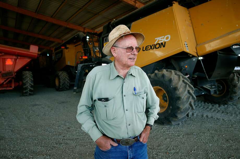Rice farmer Michael Rue stands with grain combines that sit idle until the autumn harvest gets under way at his Rue and Forsman Ranch in Yuba County. Photo: Paul Chinn, The Chronicle