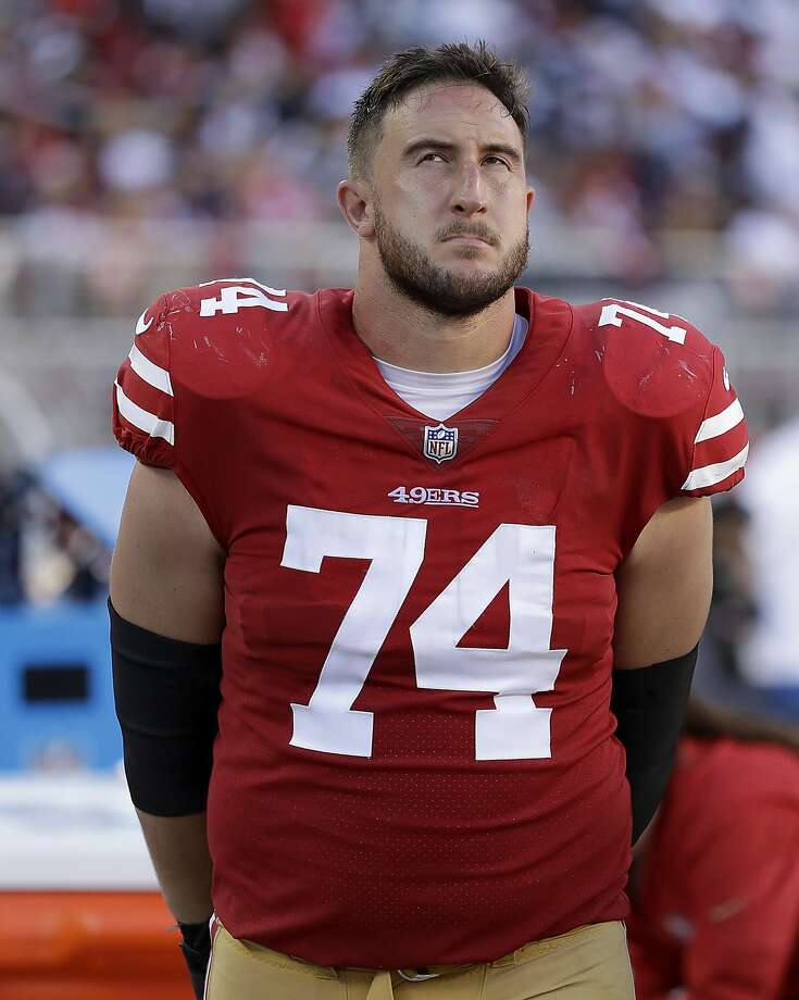 San Francisco 49ers offensive tackle Joe Staley (74) stands on the sideline against the Dallas Cowboys during the second half of an NFL football game in Santa Clara, Calif., Sunday, Oct. 22, 2017. (AP Photo/Marcio Jose Sanchez) Photo: Marcio Jose Sanchez, Associated Press