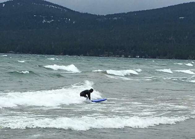 Surfable waves hit Lake Tahoe as 50-mph winds blow into the area