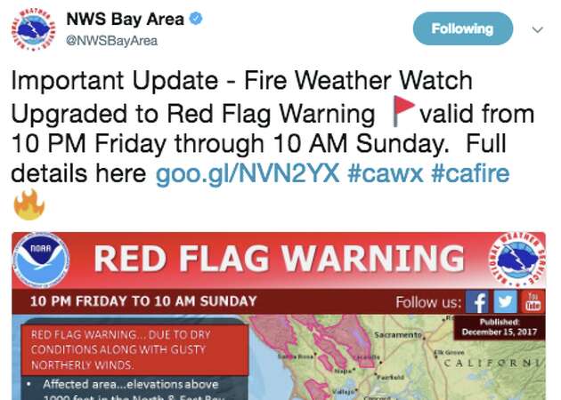 Red-flag warning indicating extreme fire danger issued for North and East bay hills
